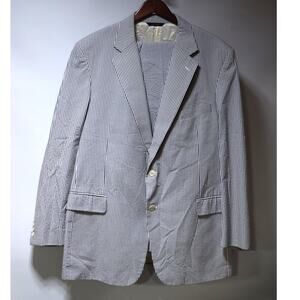 Brooks Brothers Seersucker Suit Blue White Stripe Blazer Pants Set Mens 46L 41W